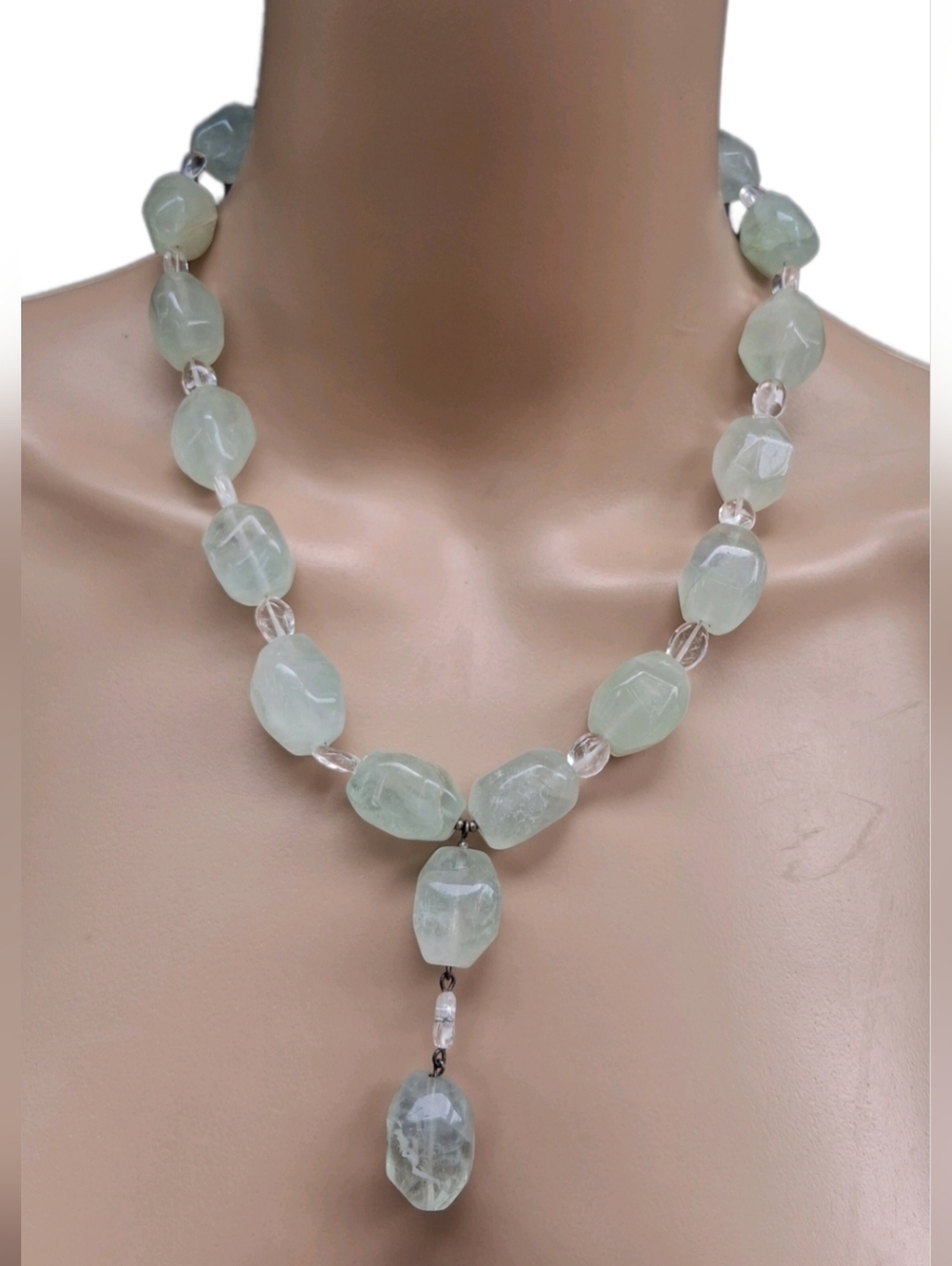 Vintage Sterling Silver 925 Prehnite & Clear Quartz Y-Necklace - Chunky